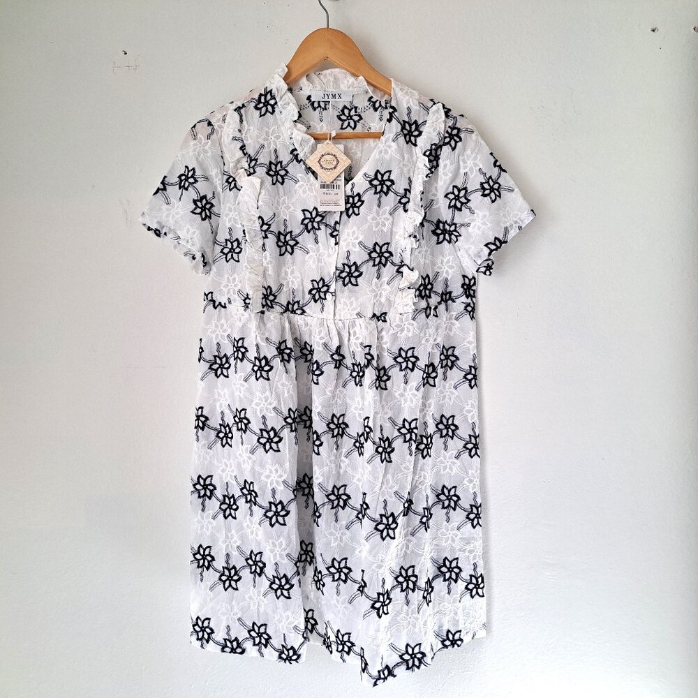 JYMX Women Floral Embroidery Empire Dress White/Blue Short Sleeve Size XL NWT